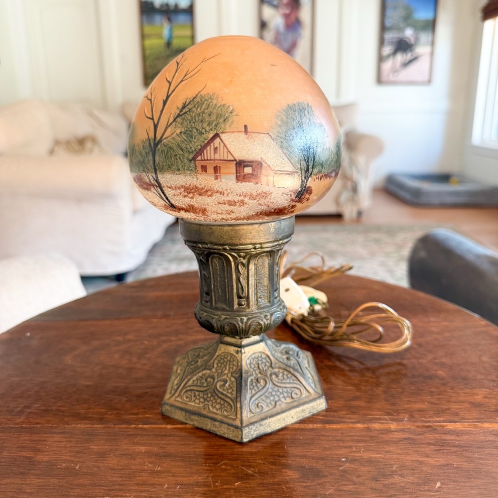 Vintage Hand-Painted Glass Globe Mini Lamp Log Cabin in the Woods Metal Base 9"